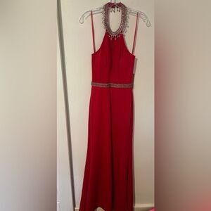 Aspeed Design Embellished Halter Neck Sheath Evening Red Dress Small